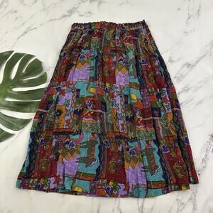 New Aura Vintage 90s Crinkle Midi Skirt Size M Red Purple Animal Floral Pockets